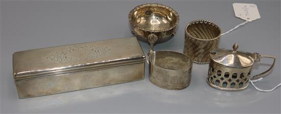 Silver box and cover, two napkin rings and two other items